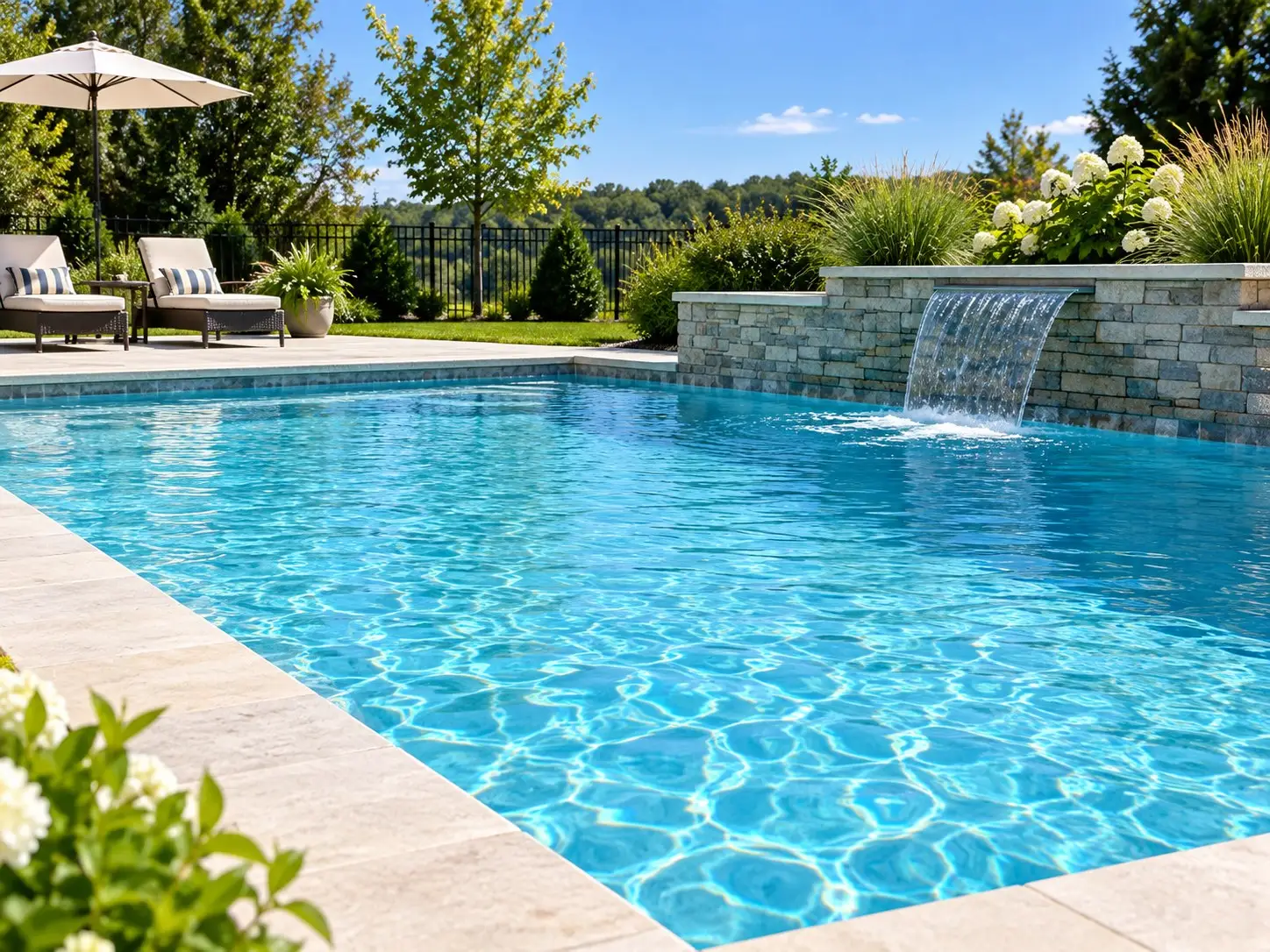A backyard saltwater pool with clear blue water, a stone sheer-descent waterfall and travertine coping.